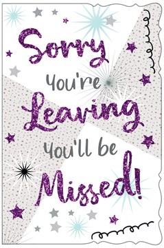 Sorry You're Leaving Greetings Card - Purple Glitter & Stars 9" x 6" Sorry You're Leaving Greetings Card - Purple Glitter & Stars 9" x 6"