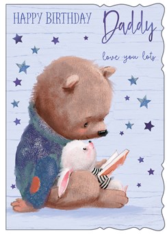 Daddy Birthday Card - Bear & Rabbit Reading Book with Blue Foil Stars 7.5"x5.75"