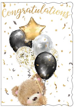Congratulations Card - Bear with Balloons & Gold Foil Detail 7.5" x 5.75"