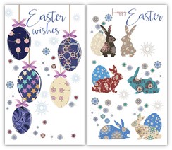 Set Of 2 Happy Easter Greetings Card - Floral Rabbits & Easter Eggs 6" x 3.25"
