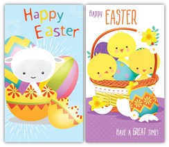 Set Of 2 Happy Easter Greetings Card - Chicks, Lamb, Eggs & Daffodils 6" x 3.25"