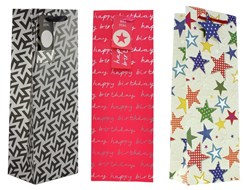 Set Of 3 Bottle Unisex Gift Bags - Pink Birthday, Stars & Geometric 14" x 5"