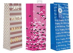 Set Of 3 Bottle Unisex Gift Bags - Blue Birthday, Pink Glitter & Stripes 14 x 5"