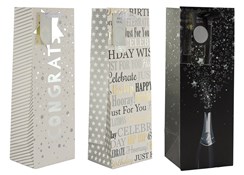 Set Of 3 Bottle Unisex Gift Bags - Congrats, Birthday Text & Champagne 14" x 5" Set Of 3 Bottle Unisex Gift Bags - Congrats, Birthday Text & Champagne 14" x 5"