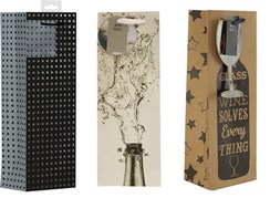 Set Of 3 Bottle Male Gift Bags - Squares, Wine Glass & Flowing Bottle 14" x 5"