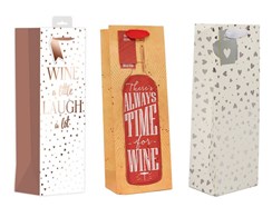 Set Of 3 Bottle Unisex Gift Bags - Laugh A Lot, Time For Wine & Hearts 14" x 5"