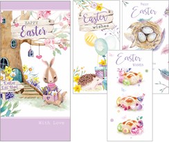 Pack of 12 Mixed Easter Cards 4 Designs - Animals Hot Cross Buns Eggs in Nest
