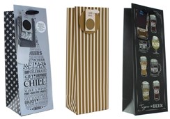 Set Of 3 Bottle Male Gift Bags - Gold Stripes, Word Bottle & Beer Types 14" x 5"