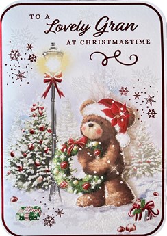 Gran Christmas Card - Santa Bear & Wreath by Lamppost Glitter & Foil 7.75x5.25"