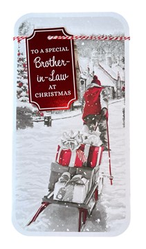 Brother-in-Law Christmas Card - Man Pulling Sleigh in Snow Red Foil 9x4.75"