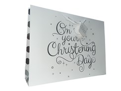 Extra Large Christening Gift Bag - Landscape White with Silver Foil 17.5x13x4"