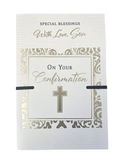 Son Confirmation Day Card - White with Gold Foil Swirls Cross Black Ribbon 9x6"
