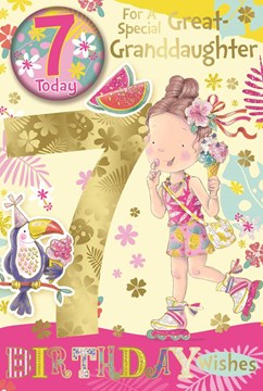 Great Granddaughter 7th Birthday Card & Badge - Girl with Ice cream & Foil 9x6"