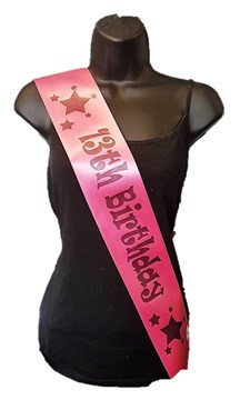 Hot Pink Happy 13th Birthday Party Satin Ribbon Sash - Age 13 Black Stars