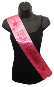 Hot Pink Happy 18th Birthday Party Satin Ribbon Sash - Age 18 Pink Stars