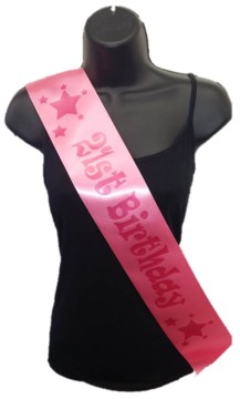 Hot Pink Happy 21st Birthday Party Satin Ribbon Sash - Age 21 Pink Stars