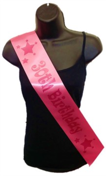 Hot Pink Happy 30th Birthday Party Satin Ribbon Sash - Age 30 Pink Stars