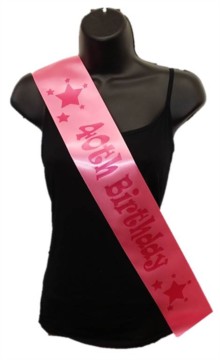 Hot Pink Happy 40th Birthday Party Satin Ribbon Sash - Age 40 Pink Stars
