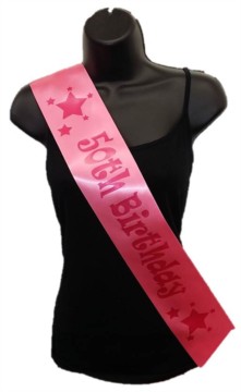 Hot Pink Happy 50th Birthday Party Satin Ribbon Sash - Age 50 Pink Stars