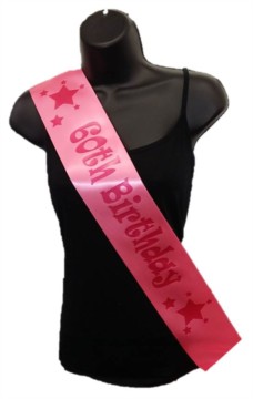 Hot Pink Happy 60th Birthday Party Satin Ribbon Sash - Age 60 Pink Stars