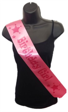 Hot Pink Birthday Girl Party Satin Ribbon Sash - Pink Stars