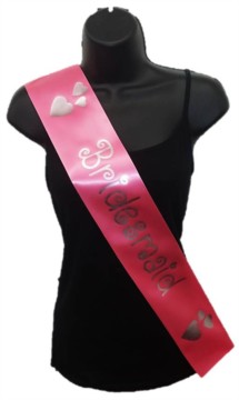 Hot Pink Bridesmaid Hen Party Girls Night Satin Ribbon Sash - Silver Hearts