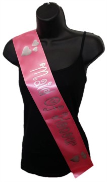 Hot Pink Maid Of Honour Hen Party Girls Night Satin Ribbon Sash - Silver Hearts