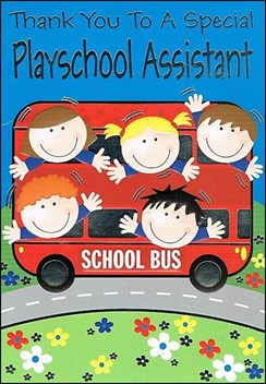 Thank You Playschool Assistant Greetings Card - Kids on School Bus 7.5" x 5.25"