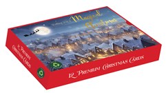 Box of 12 Large Christmas Cards - Santa and Sleigh Illuminated Houses Gold Foil