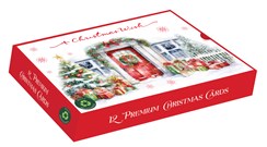 Box of 12 Large Christmas Cards - Xmas Tree Outside House with Red Door Red Foil