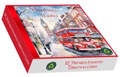 Box Of 12 Scenic Premium Inserted Christmas Cards - London Bus Red Foil