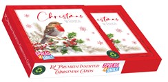 Box Of 12 Scenic Premium Inserted Christmas Cards - Robin on Holly Branch Foil