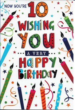 Age 10 Boy Birthday Card - Multi Coloured Candles Stars & Silver Foil 7.75x5.25"