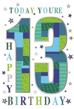 Teenager 13th Boy Birthday Card -Age 13 Blue Green Number Stars & Foil 7.5x5.25"