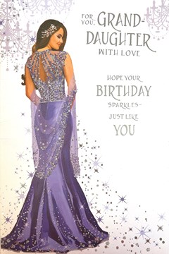 Granddaughter Birthday Card - Lady in Purple Dress with Silver Glitter Foil 9x6"