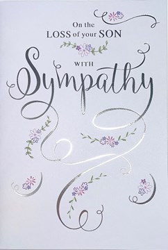 Loss Of Your Son Sympathy Card - Flowers and Silver Foiled Writing Swirls 7.5"x5