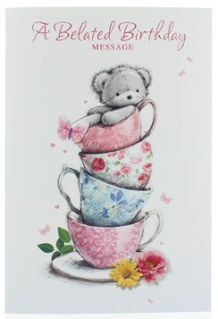 Belated Birthday Card - Bear Sat in Stacked Tea Cup with Glitter 7.5" x 5.25"