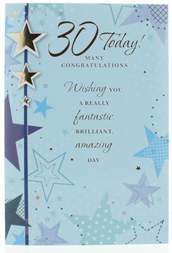 Age 30 Male Birthday Card - Blue Stars With Silver Foil Writing 7.5" x 5.25"