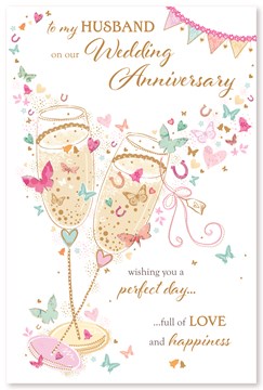 Husband Wedding Anniversary Card - Champagne & Glasses Flowers Gold Foil 9x6"