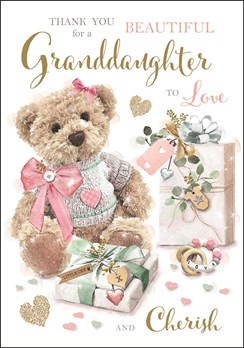 Jonny Javelin Thank You For Baby Granddaughter Card - Teddy Pink Bow 9x6.25"