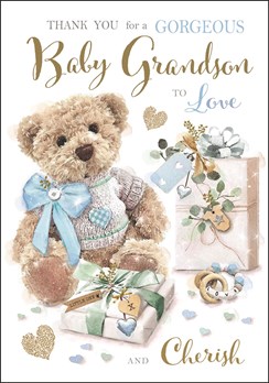 Jonny Javelin Thank You For Baby Grandson Card - Teddy Blue Bow 9x6.25"