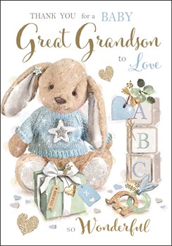 Jonny Javelin Thank You For New Great Grandson Card - Bunny in Blue Jumper 9x6"