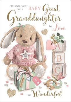 Jonny Javelin Thank You For New Great Granddaughter Card - Bunny in Pink Jumper
