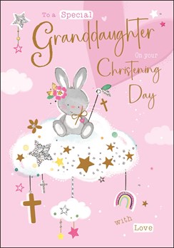 Granddaughter Christening Card - Bunny on Cloud with Gold Foil Cross Glitter 9x6 Granddaughter Christening Card - Bunny on Cloud with Gold Foil Cross Glitter 9x6