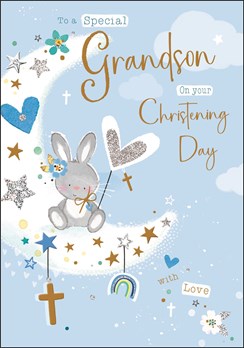 Grandson Christening Card - Rabbit on Moon with Cross Stars Glitter & Foil 9x6"