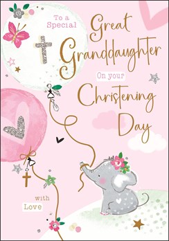 Great Granddaughter Christening Card - Elephant with Balloons Glitter Foil 9x6"