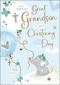 Great Grandson Christening Card - Elephant with Balloons Glitter and Foil 9x6" Great Grandson Christening Card - Elephant with Balloons Glitter and Foil 9x6"