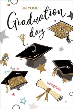 Graduation Congratulations Card - Black Caps Scrolls Gold Glitter Foil 7.5x5.25"
