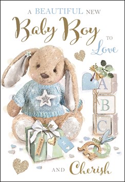 Jonny Javelin Birth of New Baby Boy Card - Bunny in Blue Jumper & Foil 7.25x5.5"