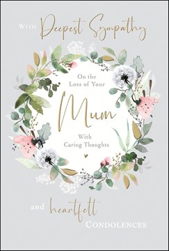 Jonny Javelin Loss of Mum Sympathy Card - Floral Wreath with Gold Foil 7.25x5.5"